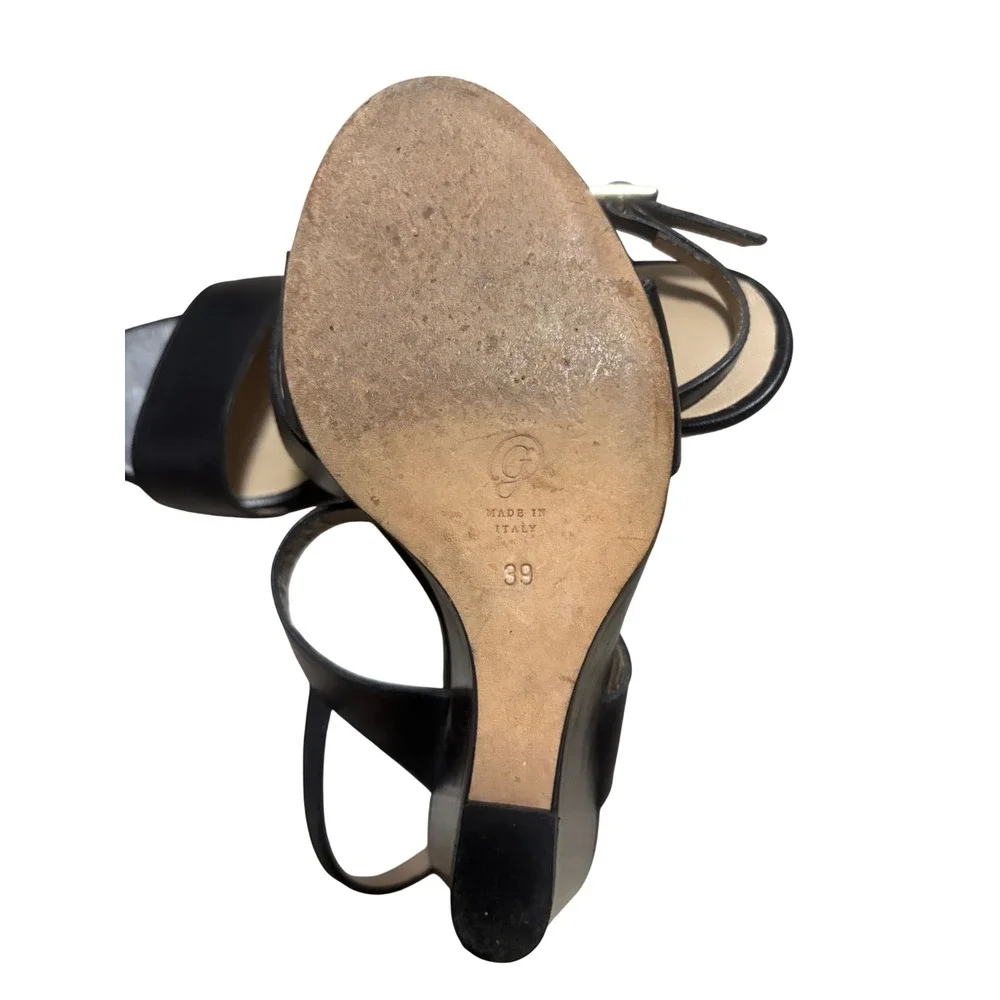M.Gemi Black Leather Wedge Sandals Made in‎ Italy Slingback Heels Size 39